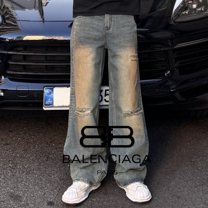 BLC 컷팅 워싱 와이드 데님 팬츠