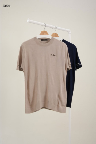 🔆 [LORO PIANA] 로로피아나 라인 스몰 자수 로고 크루넥 반팔 니트 티셔츠 🔆