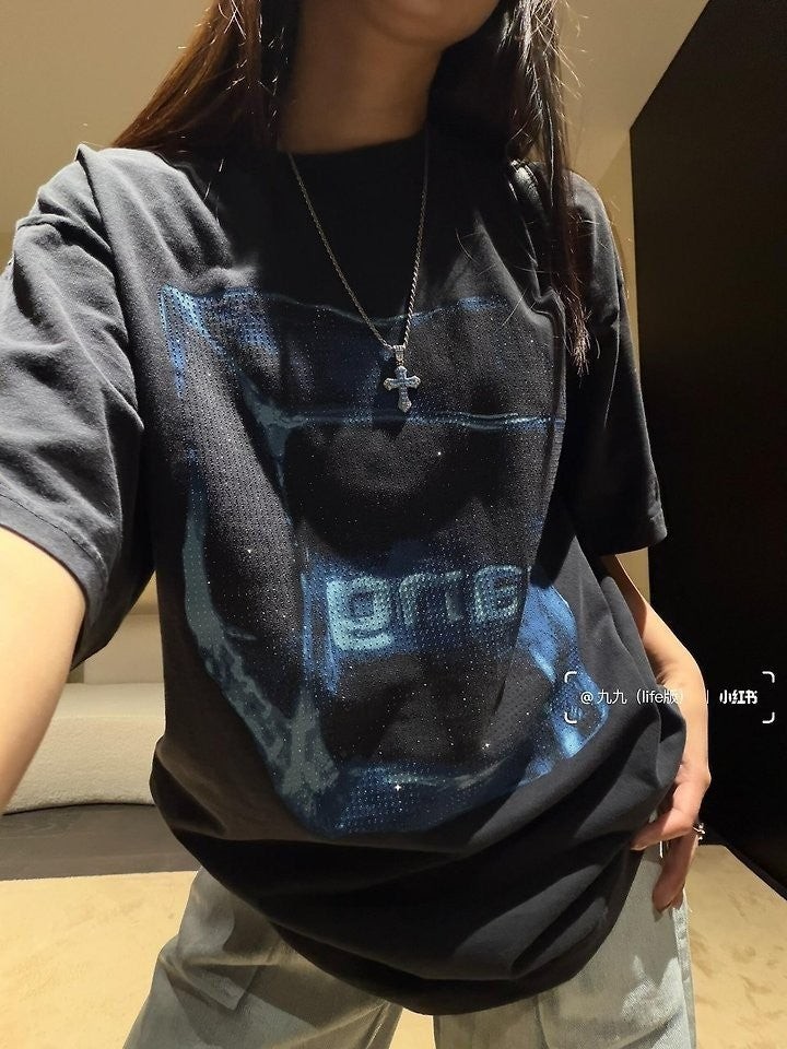 💕 왕 크리스탈 그래픽 워싱 티셔츠
