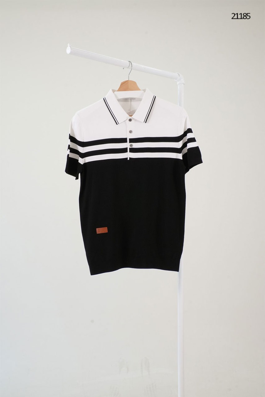 🔆 [BRUNELLO CUCINELLI] 브루넬로 쿠치넬리 레더 패치 포인트 스트라이프 카라 반팔 티셔츠 🔆