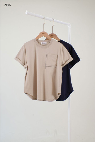 🔆 [BRUNELLO CUCINELLI] 브루넬로 쿠치넬리 포켓 골드 라인 자수 포인트 굴림 반팔 티셔츠 🔆