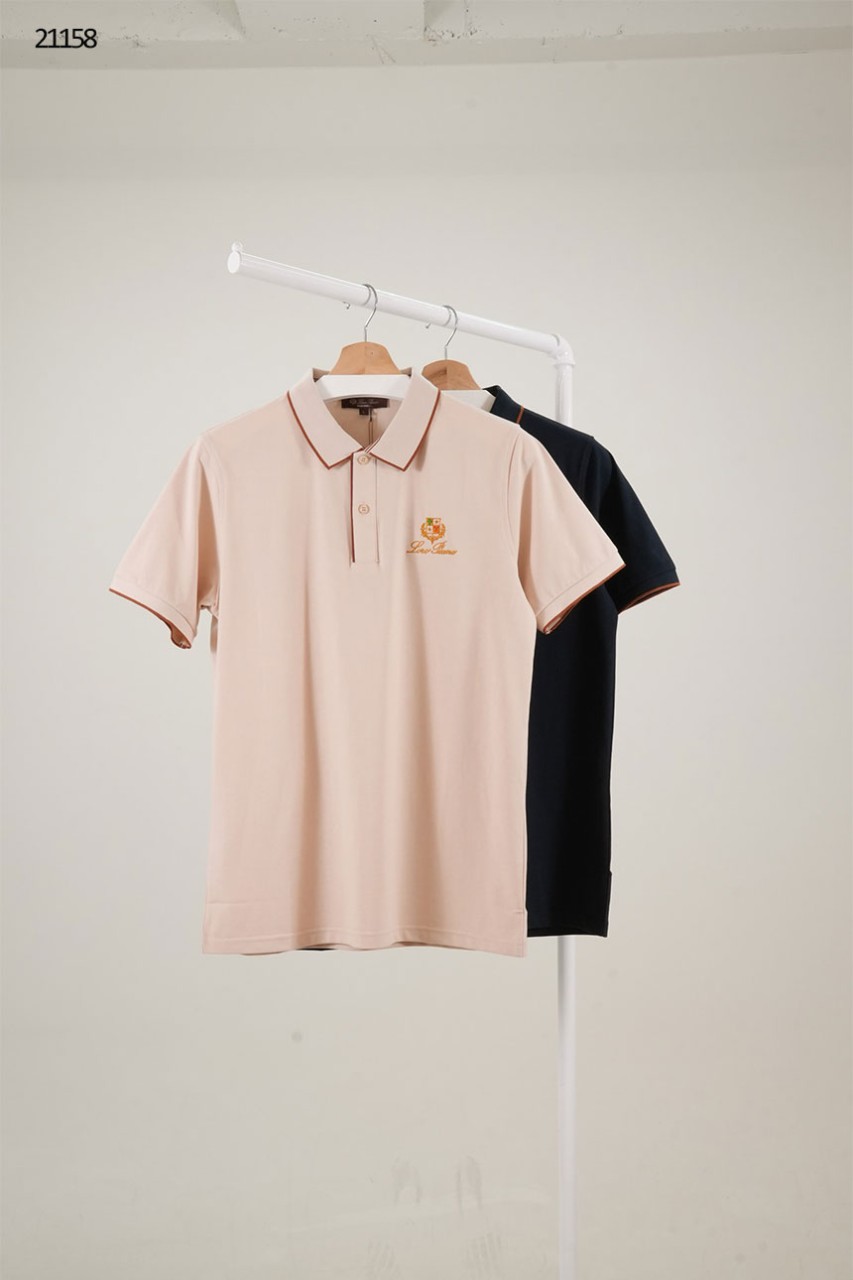 🔆 [LORO PIANA] 로로피아나 브라운 라인 헤리티지 금장 자수 카라 반팔 티셔츠 🔆
