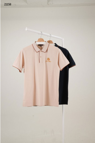🔆 [LORO PIANA] 로로피아나 브라운 라인 헤리티지 금장 자수 카라 반팔 티셔츠 🔆