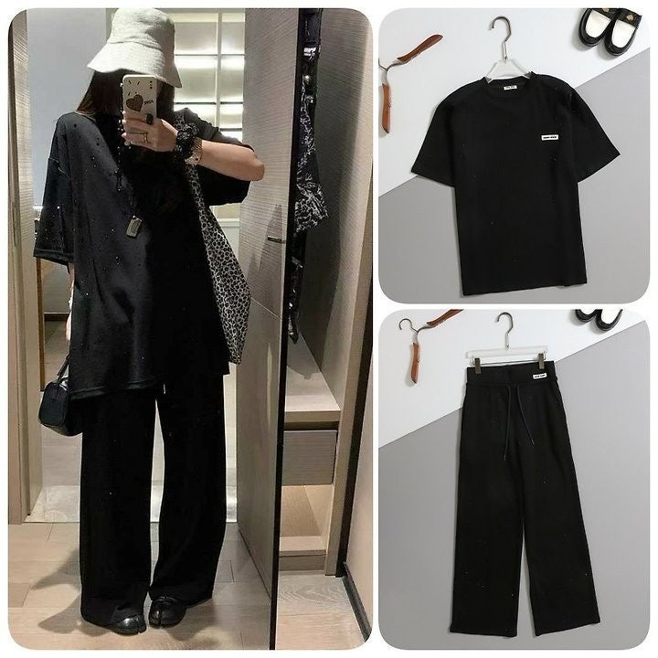여성 스팽글 오버 반팔 티셔츠 & 립 밴딩 팬츠 SET 블랙 MU-990