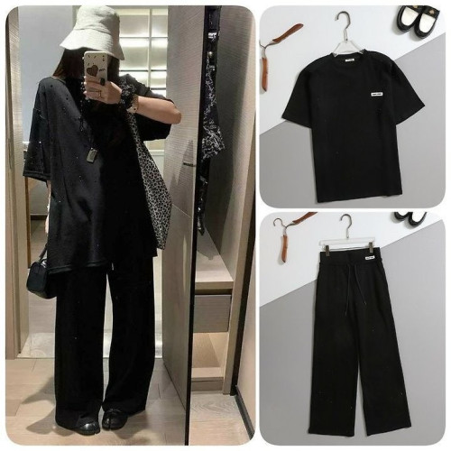 여성 스팽글 오버 반팔 티셔츠 & 립 밴딩 팬츠 SET 블랙 MU-990