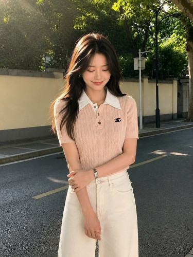 💕 셀** 배색카라 꽈배기 반팔니트